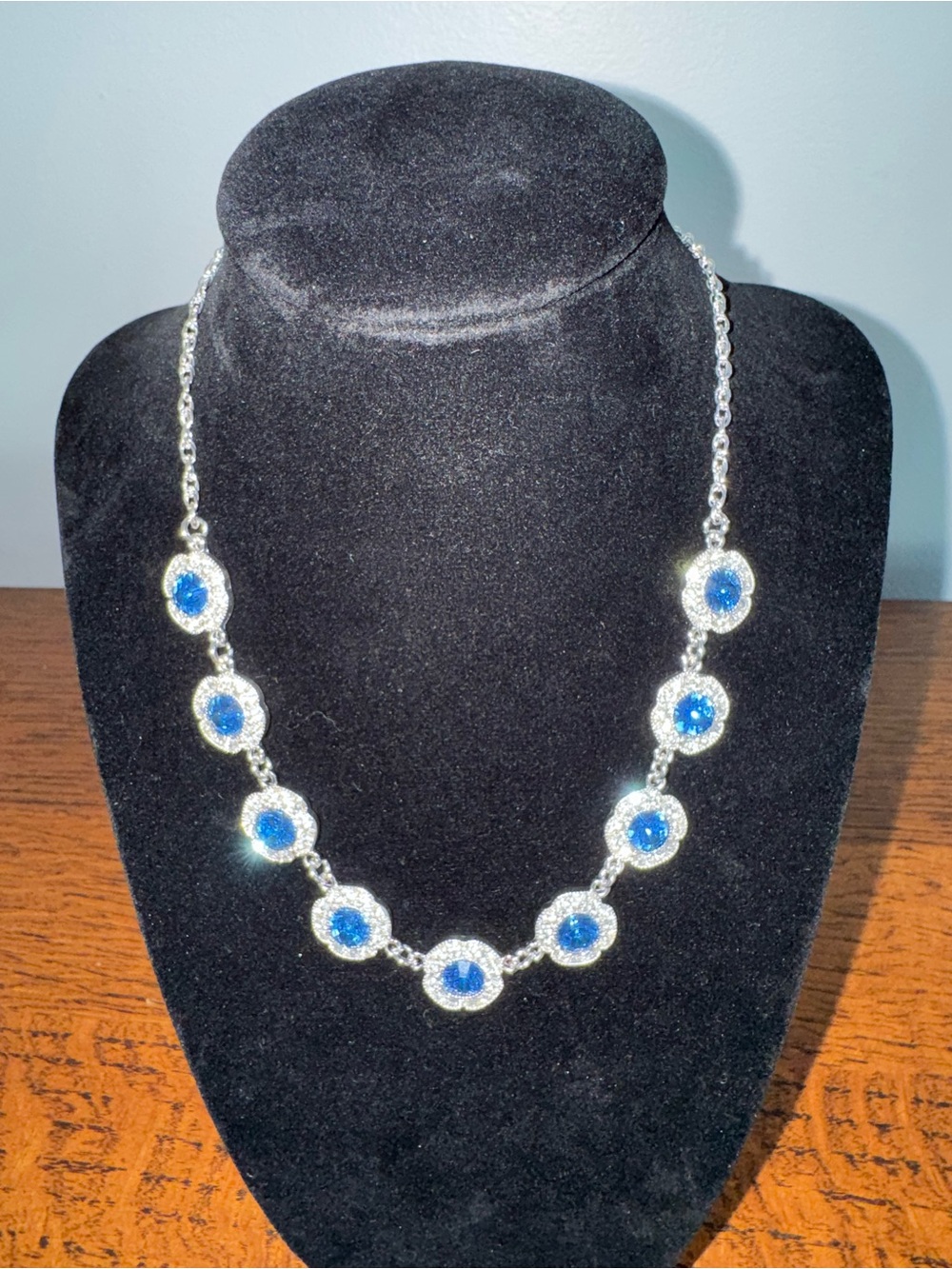 Monet Silver-Tone Blue Rhinestone Halo Station Collar Necklace